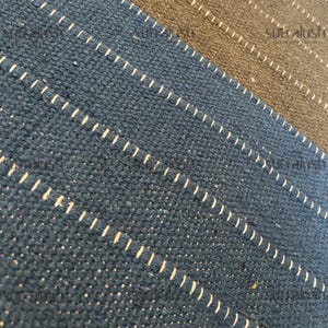 Peut inclure: Gros plan sur un tissu textur&eacute; tiss&eacute; dans des tons de bleu et de gris. Des coutures blanches cr&eacute;ent des lignes diagonales sur la section bleue. Le mot "sutralush" est visible.