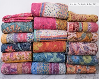 Vintage Kantha Quilt Reversible Cotton Throw Blanket Handmade Indian Bedspread by SutraLush