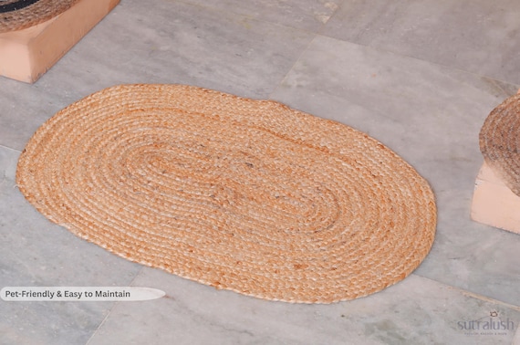 Hand-Braided Jute Oval Door Mat | Reversible Boho Rug by SutraLush