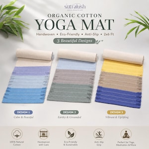 May include: Three handwoven organic cotton yoga mats measuring 2x6 feet. Design 1 features blue and purple horizontal stripes. Design 2 displays grey, green, and blue tones. Design 3 shows yellow, beige, and blue sections with fringe details.