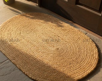 Hand-Braided Jute Oval Door Mat | Reversible Boho Rug by SutraLush