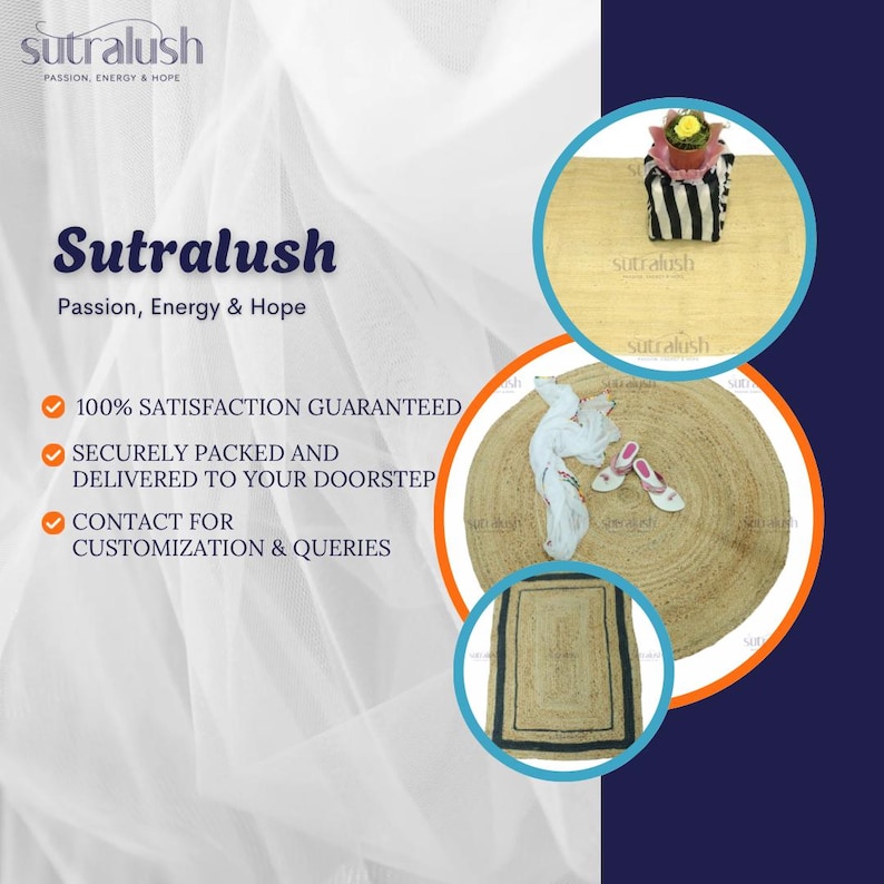 May include: The image showcases a variety of home decor items. It features a round jute rug, a rectangular jute rug with a black border, and a small decorative item. The brand name "Sutralush" is prominently displayed.