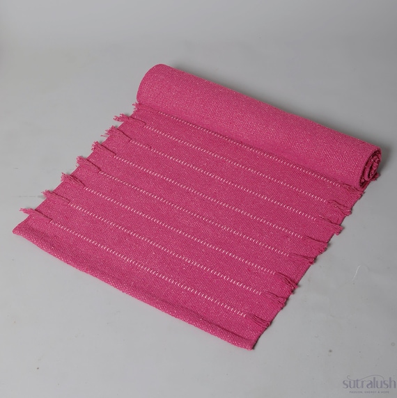 Handwoven Organic Cotton Yoga Mat Rug, Pink Boho Meditation Runner by SutraLush