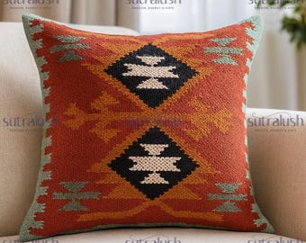 Handwoven Kilim Pillow Cover | Jute Wool Boho Cushion 18x18 by SutraLush