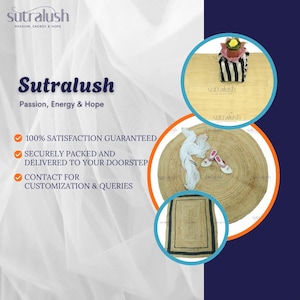 May include: The image showcases a variety of home decor items. A large, round jute rug is displayed with a smaller rectangular rug and a decorative plant. The image also includes text that reads "Sutralush, Passion, Energy & Hope."