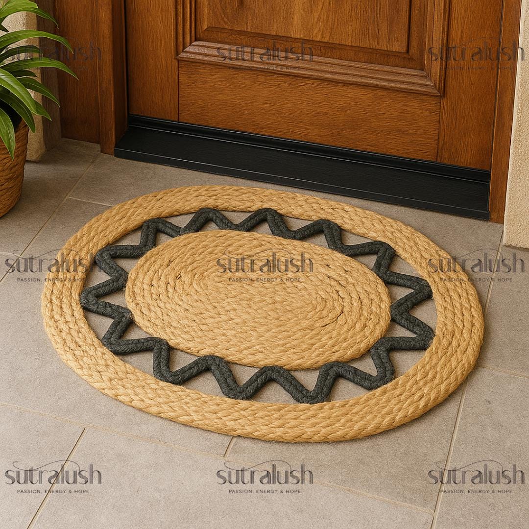 Buy Handwoven Jute Rope Doormat: Oval Zigzag Accent, Reversible ...