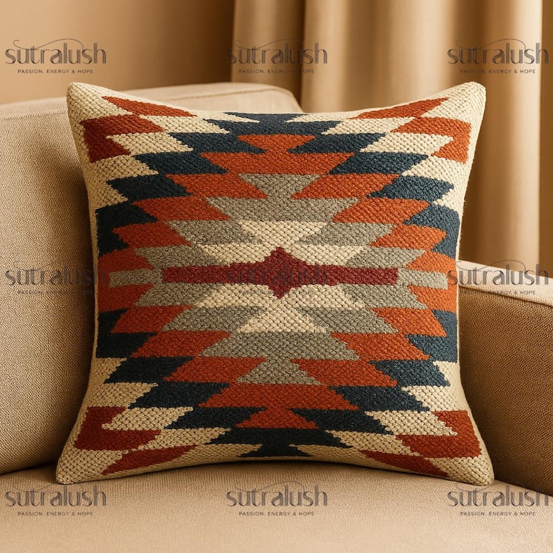 May include: Square decorative pillow with a geometric pattern in shades of rust, navy, gray, and cream. The pillow is placed on a beige sofa. The brand name "sutralush" is printed on the pillow.