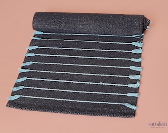 Handwoven Organic Cotton Yoga Mat, Black Aqua Stripe Tassels, Eco Friendly Meditation Rug