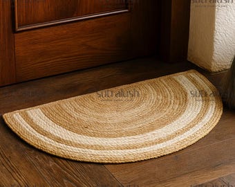 Felpudo semicircular de yute tejido a mano para entradas bohemias