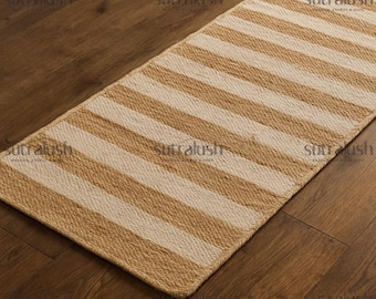 Handwoven Jute Runner: Striped Boho Farmhouse Rug by SutraLush