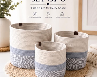 Round Cotton Rope Storage Baskets, Set of 3, Blue & Cream, Handmade by SutraLush