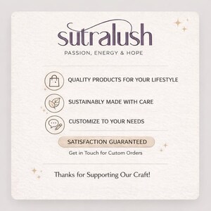 May include: Cream-colored graphic with the word "sutralush" in a dark purple script, with the tagline "PASSION, ENERGY & HOPE." The image includes icons and text: "QUALITY PRODUCTS FOR YOUR LIFESTYLE," "SUSTAINABLY MADE WITH CARE," and "CUSTOMIZE TO YOUR NEEDS."