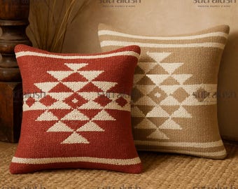 Handwoven Kilim Pillow Cover: Wool Jute Boho Tribal Cushion (18x18 Inches) by SutraLush
