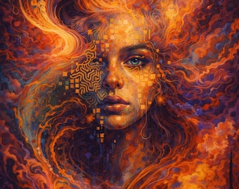 Lienzo psicodélico de mujer cósmica / Retrato abstracto visionario, impresión artística de paisaje onírico etéreo de neón