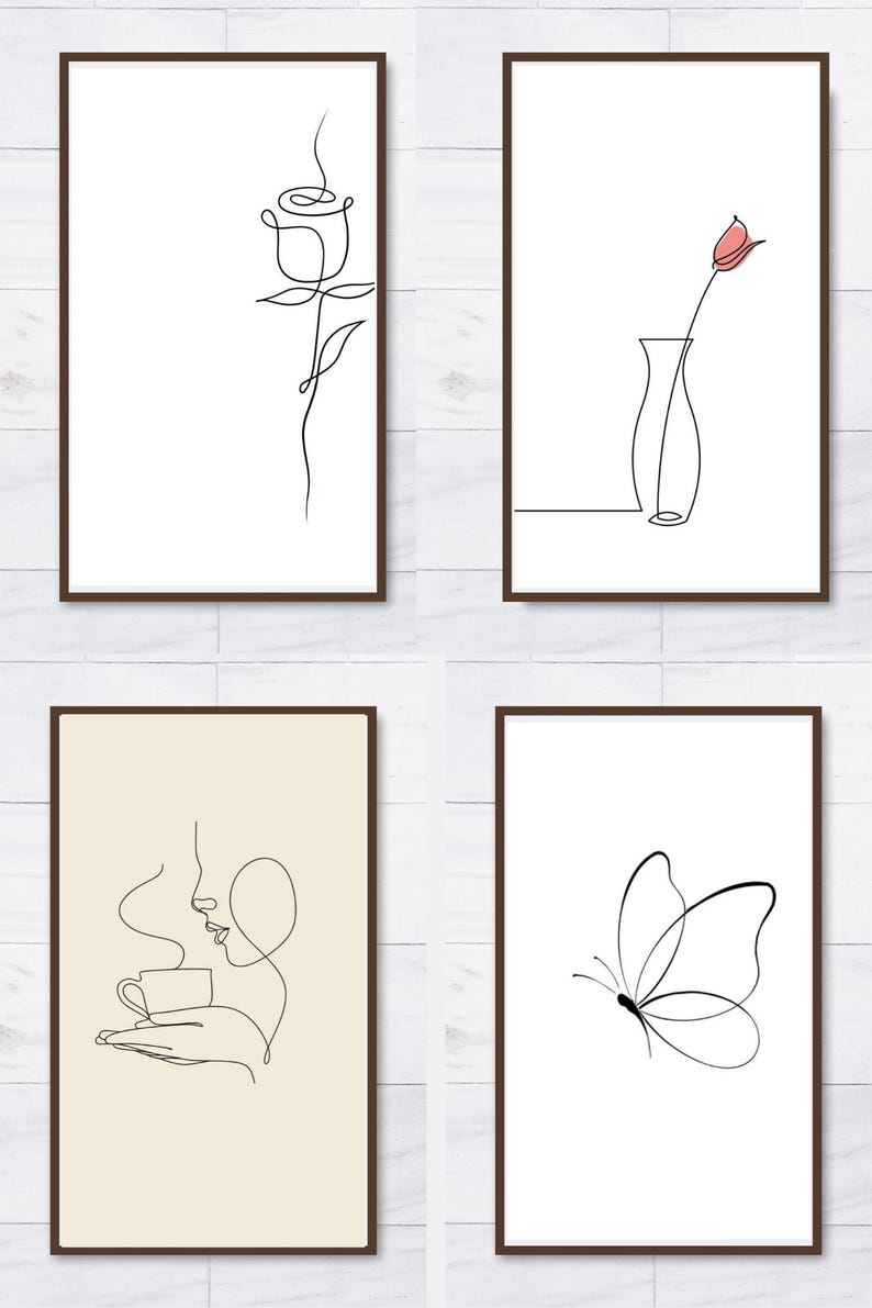 K&ouml;nnte beinhalten: Vier gerahmte Kunstdrucke mit minimalistischen Strichzeichnungen. Die Drucke zeigen eine Rose, eine Tulpe in einer Vase, eine Person, die Kaffee trinkt, und einen Schmetterling. Jedes Kunstwerk befindet sich in einem dunkelbraunen Rahmen vor einem wei&szlig;en oder beigen Hintergrund.