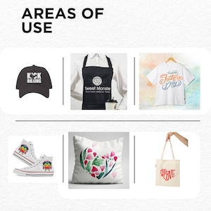 May include: Image showcasing various products: a black baseball cap with "KICK BOXING" text, a black apron with "Sweet Monster" text, a white t-shirt with "Happy Father's Day" text, high-top sneakers, a pillow with a heart design, and a tote bag with "MORE LOVE" text.