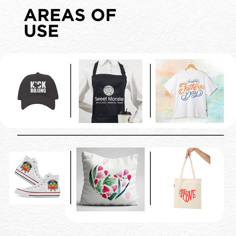 May include: Image showcasing various products: a black baseball cap with "KICK BOXING" text, a black apron with "Sweet Monster" text, a white t-shirt with "Happy Father's Day" text, high-top sneakers, a pillow with a heart design, and a tote bag with "MORE LOVE" text.