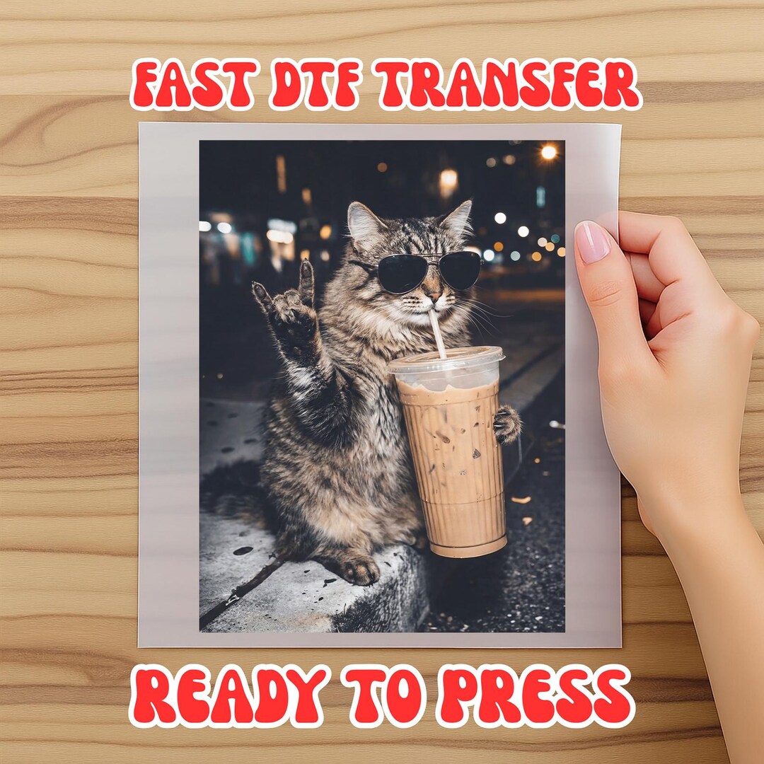 DTF Transfer Funny Cat Drinking Iced Coffee DTF, Animal Meme Graphic ...
