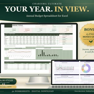 Könnte beinhalten: Eine digitale jährliche Budget-Tabelle für Excel, angezeigt auf einem Computermonitor und einem Laptop-Bildschirm. Die Benutzeroberfläche zeigt Tabellen, Liniendiagramme und Balkendiagramme in Grün- und Weißtönen sowie den Text CHARISMA ULTIMATE YOUR YEAR. IN VIEW.