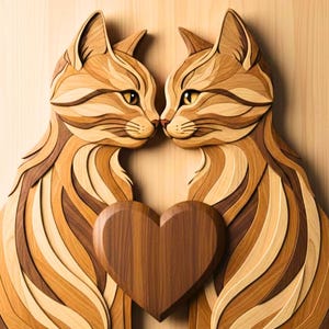 May include: Wooden wall art featuring two stylized cats facing each other, with a heart between them. The cats are crafted from various shades of wood, creating a striped pattern. The heart is a darker wood tone. The background is a light wood.