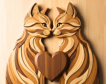 Cat Couple Intarsia Pattern – Scroll Saw Woodworking Template (Digital Download PDF)