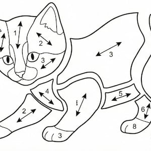 May include: Line drawing of a kitten with numbered sections for a paint-by-numbers activity. The cat is in a playful pose, with its tail slightly curved. The image is in black and white.