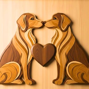 Può includere: Arte da parete in legno raffigurante due cani che si fronteggiano, con un cuore in mezzo. I cani sono realizzati con varie tonalità di legno marrone, creando un effetto a strati. Il cuore è di una tonalità di marrone più scura. Lo sfondo è in legno chiaro.