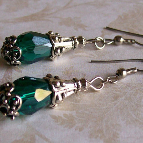 Green Glass Boho Look Earrings -  Forest Green Crystal Earrings - Emerald Green and Silver