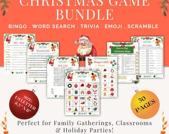 May include: A Christmas Game Bundle digital download with bingo, word search, trivia, emoji, and scramble games. Includes 50 pages, US Letter size 8.5" x 11". Perfect for family gatherings and holiday parties. Features Santa Claus and Christmas-themed graphics.