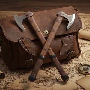 May include: Two crossed axes with wooden handles and silver blades rest on a brown leather satchel. The satchel is on a vintage map with a compass and rolled parchment. The axes have leather wrappings.