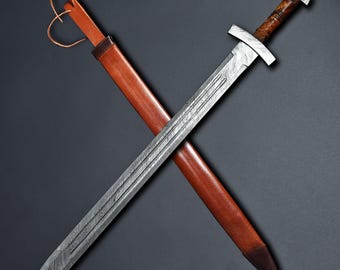 Handcrafted Viking Sword - Engraved Steel Blade & Leather Sheath