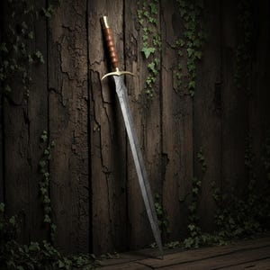 May include: A long, ornate sword with a patterned blade, gold hilt, and brown leather-wrapped handle. The sword leans against a weathered wooden wall with ivy.