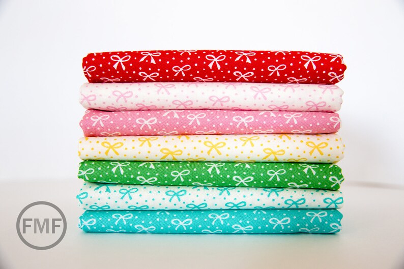 Stacy Iest Hsu Bows in White Aqua Sold by the Half Yard Moda Blue Bows Best Friends Forever