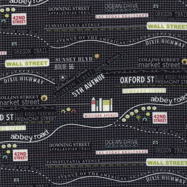 Road 15 The Map in Black, Sweetwater, Moda Fabrics, 100% Cotton Fabric, 5521 12