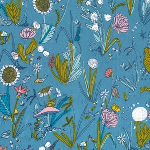 LAST PIECE Fat Quarter Arcadia Dewy Garden in Blue, Sarah Watson, 100% GOTS-Certified Organic Cotton, Cloud9 Fabrics, 121233