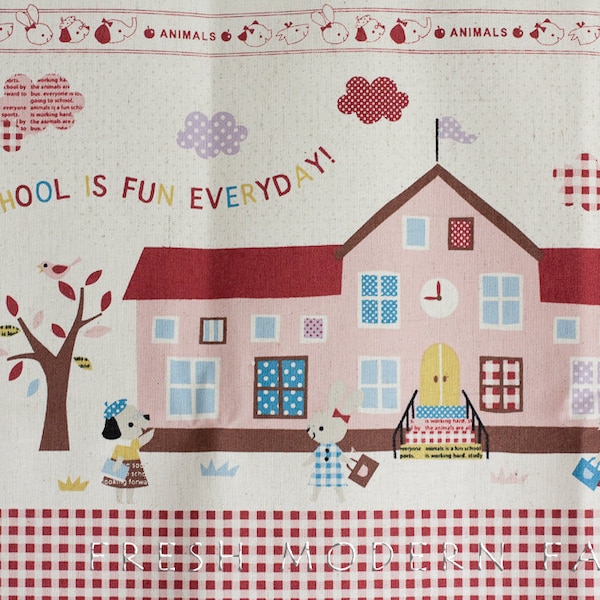 Schoolhouse Panel, Trefle, Kokka Fabrics, Japanese Import, Cotton and Linen Blend Fabric
