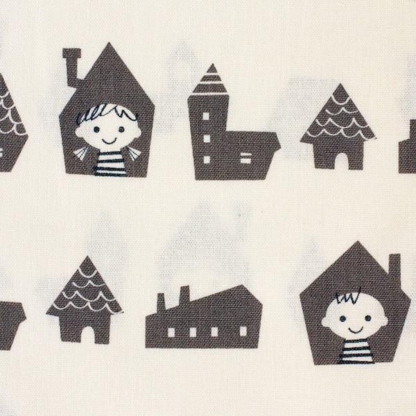 Happy Houses in Grey, Putidepome So Happy, Mico Design Works, Made in Japan, Cotton and Linen Blend Fabric, PTMF-077