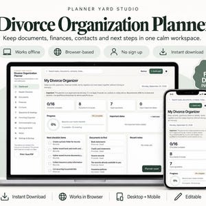 Peut inclure: Un planificateur numérique d'organisation de divorce affiché sur un écran d'ordinateur portable et de smartphone. L'interface présente un tableau de bord avec des sections pour les documents, les finances et les contacts, avec le texte Planner Yard Studio.