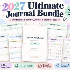 Op de afbeelding: Een 2027 Ultimate Journal Bundle met printbare PDF-planner-, journal- en trackerpagina's. De collectie bevat een My Everything Journal-omslag, kalenders, weekplanners, dankbaarheidsdagboeken, moodtrackers, Sudoku en woordzoekers.