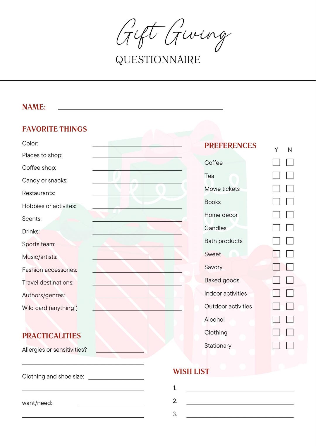 Employee Gift Questionnaire.pdf Gift Giving Questionnaire - Etsy