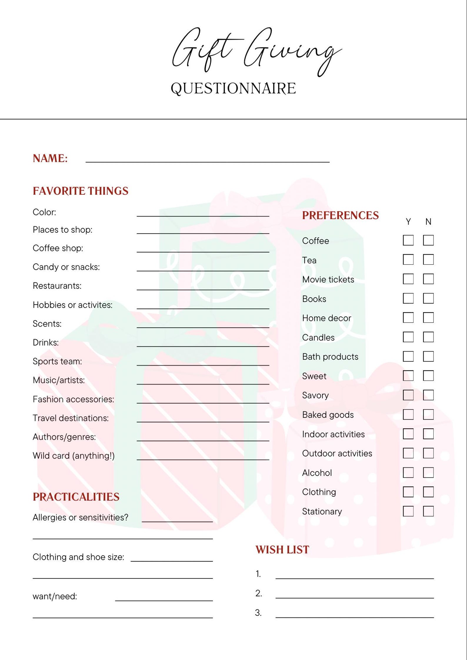 Gift Giving Questionnaire - Etsy