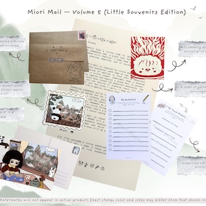 May include: Miori Mail Volume 5 Little Souvenirs Edition includes a kraft envelope, a letter, a red and white dumpling art print, a panda stamp sticker, an illustrated postcard, and a double-sided 4x6 inch bucket list and travel wishlist activity.