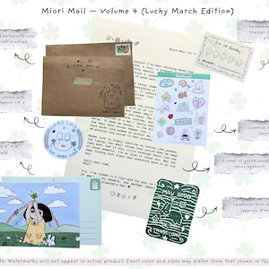 May include: A collection of stationery items, including a postcard, stickers, and a letter, with a lucky theme. The postcard features a drawing of a person holding a four-leaf clover. The set includes a sticker sheet and a tracker card.