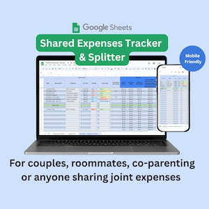 Può includere: Un laptop e uno smartphone mostrano un tracker delle spese di Google Sheets. Lo striscione verde recita "Shared Expenses Tracker & Splitter". Il testo sottostante recita: "Per coppie, coinquilini, genitori che condividono la genitorialità o chiunque condivida spese comuni". Un cerchio blu indica "Mobile Friendly".