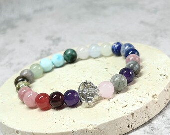 Lotus Chakra Bracelet: Gemstone Beads, Boho Healing Jewelry