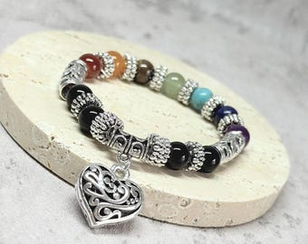 Handmade Chakra Bracelet: Natural Stone Beads & Silver Heart Charm