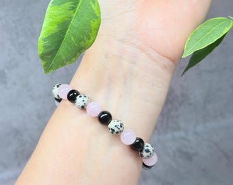Gift ready Rose Quartz, Onyx & Jasper Beaded Bracelet - Handmade Crystal Healing Jewelry