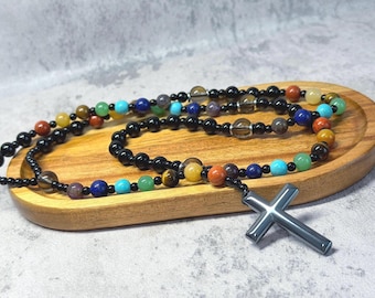 Gift ready Natural Stone Beaded Necklace: Hematite Cross, Chakra Healing
