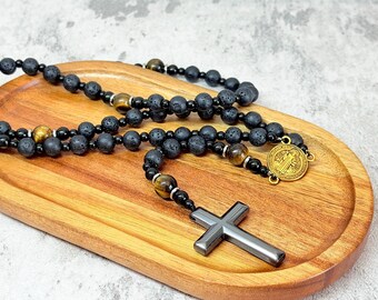 Stone Bead Cross Necklace with Saint Benedict Medal: Spiritual Amulet