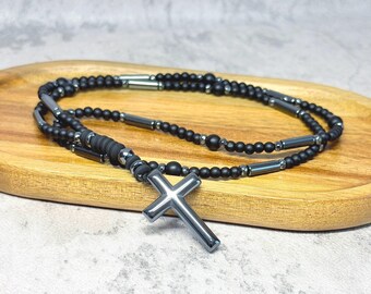 Gift ready Unisex Black Beaded Cross Necklace: 4mm Natural Stone, Metal Accents